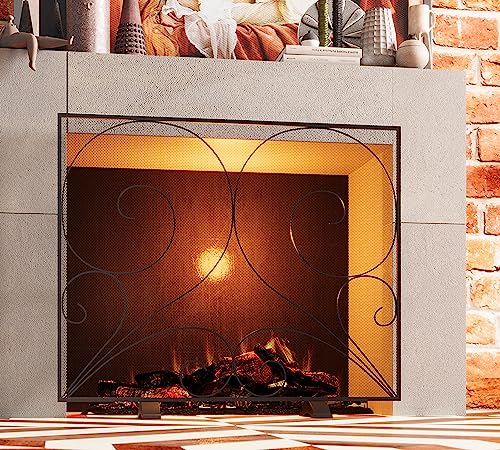 Fire Beauty Single Panel Fireplace Screen Handcrafted Solid Wrought Iron Mesh, Heat-Resistant Fire Spark Guard for Fireplace-Black