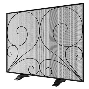 Fire Beauty Single Panel Fireplace Screen Handcrafted Solid Wrought Iron Mesh, Heat-Resistant Fire Spark Guard for Fireplace-Black