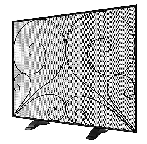 Fire Beauty Single Panel Fireplace Screen Handcrafted Solid Wrought Iron Mesh, Heat-Resistant Fire Spark Guard for Fireplace-Black