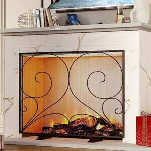 Fire Beauty Single Panel Fireplace Screen Handcrafted Solid Wrought Iron Mesh, Heat-Resistant Fire Spark Guard for Fireplace-Black