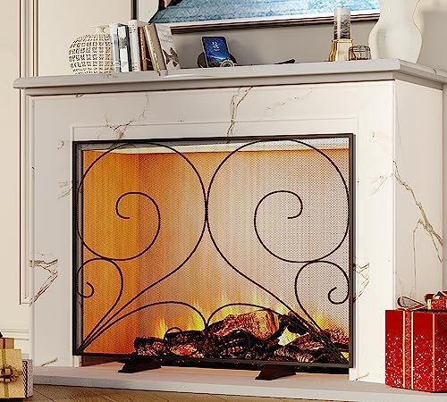 Fire Beauty Single Panel Fireplace Screen Handcrafted Solid Wrought Iron Mesh, Heat-Resistant Fire Spark Guard for Fireplace-Black