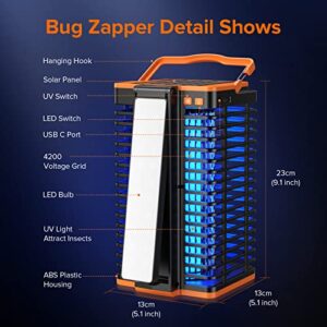 Solar Bug Zapper for Outdoor Indoor, Cordless & Rechargeable Mosquito Zapper with Reading Lamp, 4200V High Powered Mosquito Killer Insect Fly Trap Equipped 4000mAh Battery for Home, Patio, Camping