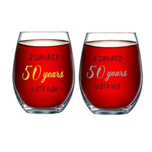 auch 50th anniversary present for parents, 50th wedding anniversary glass for spouse couple, i survived 50 years with him her
