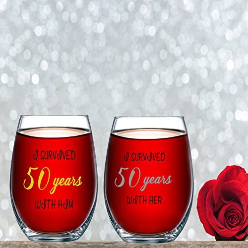 Auch 50th Anniversary Present for Parents, 50th Wedding Anniversary Glass for Spouse Couple, I Survived 50 Years With Him Her