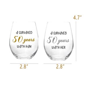 Auch 50th Anniversary Present for Parents, 50th Wedding Anniversary Glass for Spouse Couple, I Survived 50 Years With Him Her