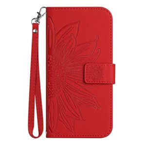 ONV Wallet Case for Oppo Reno 6 Pro 5G - Sunflower Flip Leather Case with Embossment Card Slot Shockproof Kickstand Magnetic Wrist Cover for Oppo Reno 6 Pro 5G [HT] -Red-T