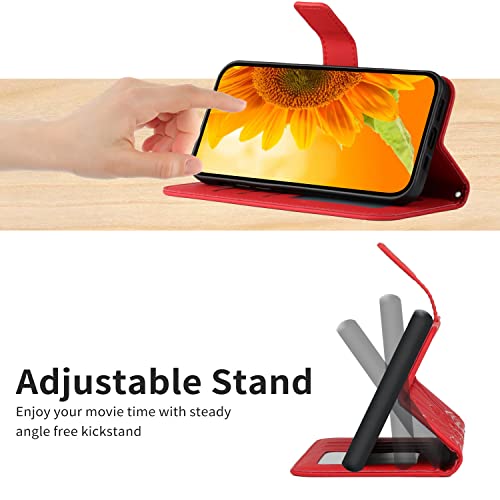 ONV Wallet Case for Oppo Reno 6 Pro 5G - Sunflower Flip Leather Case with Embossment Card Slot Shockproof Kickstand Magnetic Wrist Cover for Oppo Reno 6 Pro 5G [HT] -Red-T