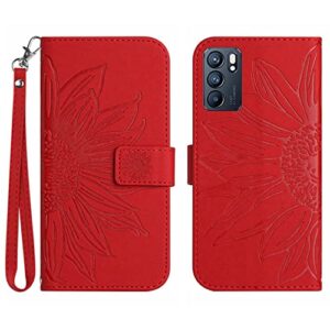 ONV Wallet Case for Oppo Reno 6 Pro 5G - Sunflower Flip Leather Case with Embossment Card Slot Shockproof Kickstand Magnetic Wrist Cover for Oppo Reno 6 Pro 5G [HT] -Red-T