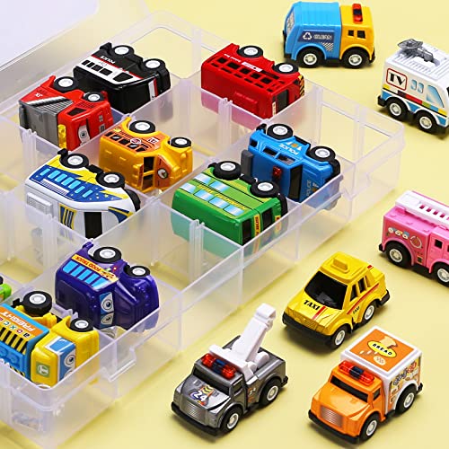 18 Pack Assorted Pull Back Car Toys For Kid With Storage Organizer Box, Mini Model Vehicle Set with Display Case For Child Toddler, Small Play Truck Bulk for Boy And Girl Party Favors, Birthday Gift