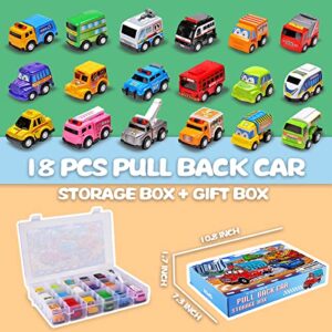 18 Pack Assorted Pull Back Car Toys For Kid With Storage Organizer Box, Mini Model Vehicle Set with Display Case For Child Toddler, Small Play Truck Bulk for Boy And Girl Party Favors, Birthday Gift