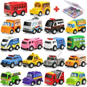 18 pack assorted pull back car toys for kid with storage organizer box, mini model vehicle set with display case for child toddler, small play truck bulk for boy and girl party favors, birthday gift