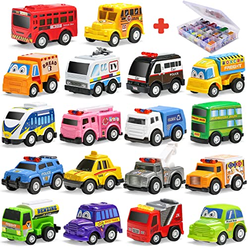 18 Pack Assorted Pull Back Car Toys For Kid With Storage Organizer Box, Mini Model Vehicle Set with Display Case For Child Toddler, Small Play Truck Bulk for Boy And Girl Party Favors, Birthday Gift