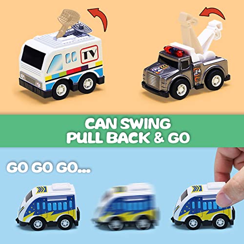 18 Pack Assorted Pull Back Car Toys For Kid With Storage Organizer Box, Mini Model Vehicle Set with Display Case For Child Toddler, Small Play Truck Bulk for Boy And Girl Party Favors, Birthday Gift