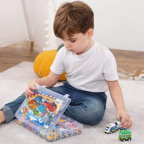 18 Pack Assorted Pull Back Car Toys For Kid With Storage Organizer Box, Mini Model Vehicle Set with Display Case For Child Toddler, Small Play Truck Bulk for Boy And Girl Party Favors, Birthday Gift