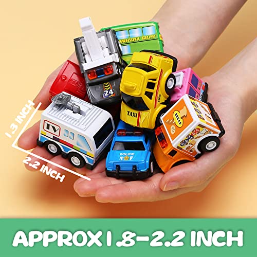 18 Pack Assorted Pull Back Car Toys For Kid With Storage Organizer Box, Mini Model Vehicle Set with Display Case For Child Toddler, Small Play Truck Bulk for Boy And Girl Party Favors, Birthday Gift