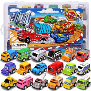 18 Pack Assorted Pull Back Car Toys For Kid With Storage Organizer Box, Mini Model Vehicle Set with Display Case For Child Toddler, Small Play Truck Bulk for Boy And Girl Party Favors, Birthday Gift