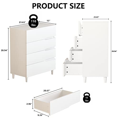 AWQM 4 Drawer Dressers for Bedroom, Set of 2, Wood Chest of Drawers, White Nightstand with Drawers, File Storage Cabinet for Bedroom, Office, Living Room (White)