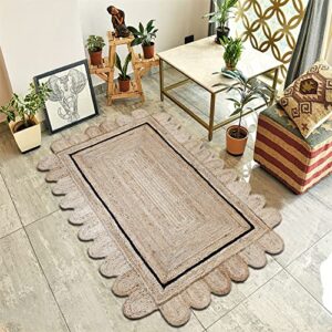casavani hand braided rag rug geometric beige & black jute rug best uses for hallway enterway best uses for bedroom,dining room,entertainment room 4x6 feet