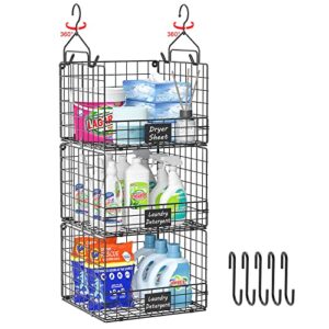 3 tier hanging laundry room organizer stackable foldable wall-mounted metal wire shelf basket with rotating hook nameplate for dryer sheet laundry detergent in laundry room organizaton storage
