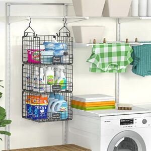 3 Tier Hanging Laundry Room Organizer Stackable Foldable Wall-Mounted Metal Wire Shelf Basket with Rotating Hook Nameplate for Dryer Sheet Laundry Detergent in Laundry Room Organizaton Storage