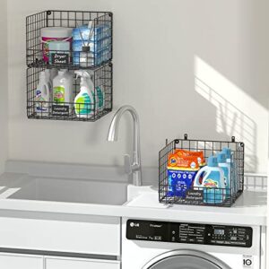 3 Tier Hanging Laundry Room Organizer Stackable Foldable Wall-Mounted Metal Wire Shelf Basket with Rotating Hook Nameplate for Dryer Sheet Laundry Detergent in Laundry Room Organizaton Storage