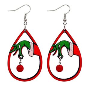 wcrazye christmas wood earrings for women handmade wooden teardrop dangle earrings christmas xmas new year party earrings set winter holiday jewelry gift (red)