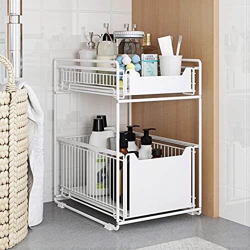 LEAYAN Under Sink Storage 2 Tier Cabinet Rack Under Sink Shelf,Under Sink with Sliding Drawer,Under Sink Organizer Removable,for Kitchen and Bathroom Under Sink Rack Shelf, White 37.5 * 28 * 43.5cm