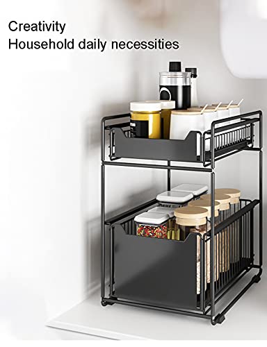 LEAYAN Under Sink Storage 2 Tier Cabinet Rack Under Sink Shelf,Under Sink with Sliding Drawer,Under Sink Organizer Removable,for Kitchen and Bathroom Under Sink Rack Shelf, White 37.5 * 28 * 43.5cm