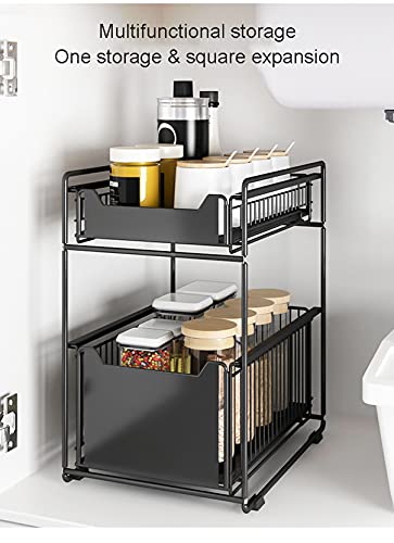 LEAYAN Under Sink Storage 2 Tier Cabinet Rack Under Sink Shelf,Under Sink with Sliding Drawer,Under Sink Organizer Removable,for Kitchen and Bathroom Under Sink Rack Shelf, White 37.5 * 28 * 43.5cm