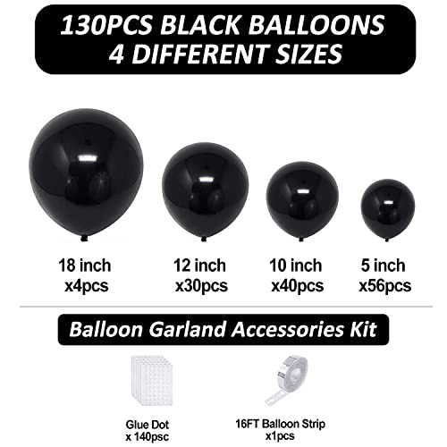 Tcwlyfc Black Balloon Garland Kit, 130PCS 18In 12In 10In 5In Different Sizes Black Latex Balloons Arch Kit for Birthday Anniversary Prom Engagement Weddings Graduation Black Themed Party Decorations