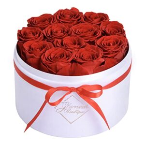glamour boutique forever flower gift box: 12 real preserved roses in round velvet white box, handmade, rose petals, birthday, marriage,anniversary, graduation - red