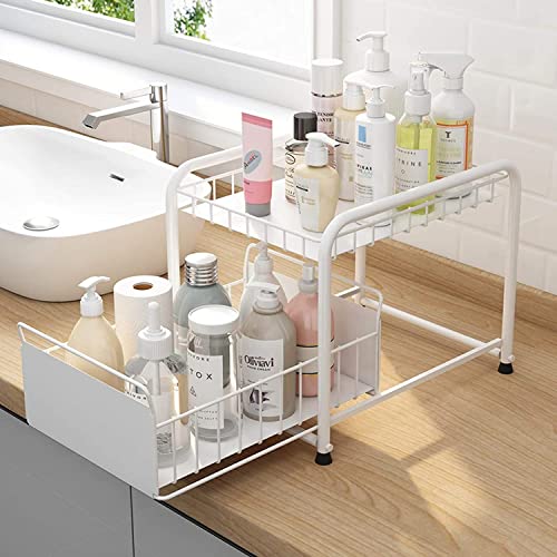 LEAYAN Multifunctional Under Sink Storage Metal Storage Drawer,Telescopic Sliding Drawer,Sliding Rack with Spice Dividers,Shower,Pantry,Kitchen,Bathroom,Under Sink Rack Shelf, White Short Large