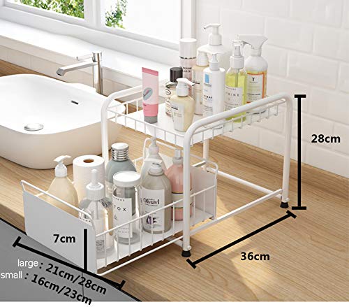 LEAYAN Multifunctional Under Sink Storage Metal Storage Drawer,Telescopic Sliding Drawer,Sliding Rack with Spice Dividers,Shower,Pantry,Kitchen,Bathroom,Under Sink Rack Shelf, White Short Large