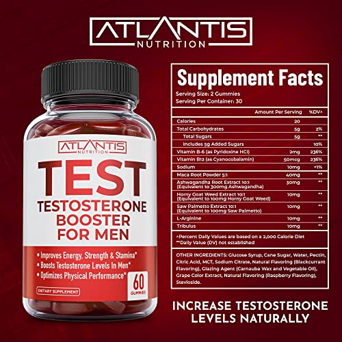 Testosterone Booster For Men Gummies - Male Enhancement, Boosts Energy, & Optimizes Physical Performance. Formulated with Tribulus, Horny Goat Weed, Saw Palmetto, Maca Root & More - 60 Gummies