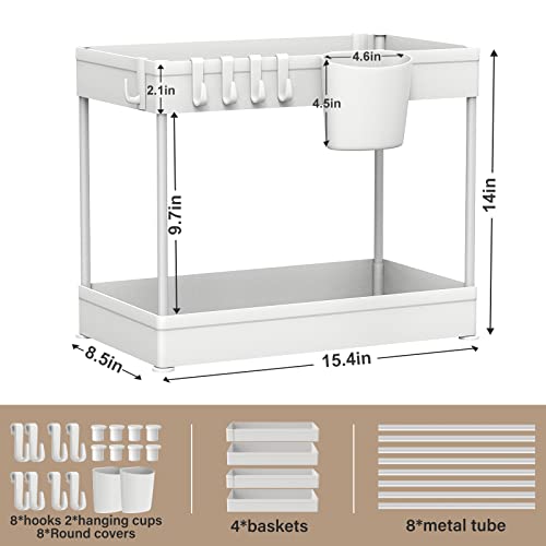 Hekaty 2PCS Under Sink Organizer and Storage Multi-purpose 2 Tier Bathroom Organizer Storage Cabinet Kitchen Organizer Storage With Cup & Hooks Cleaning Supplies Organizer with Hanging Cup Hooks White