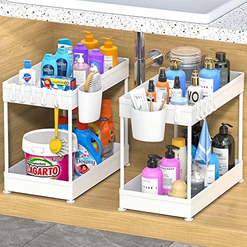 Hekaty 2PCS Under Sink Organizer and Storage Multi-purpose 2 Tier Bathroom Organizer Storage Cabinet Kitchen Organizer Storage With Cup & Hooks Cleaning Supplies Organizer with Hanging Cup Hooks White