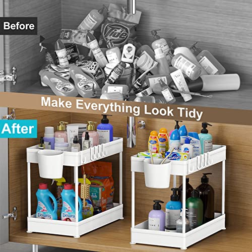 Hekaty 2PCS Under Sink Organizer and Storage Multi-purpose 2 Tier Bathroom Organizer Storage Cabinet Kitchen Organizer Storage With Cup & Hooks Cleaning Supplies Organizer with Hanging Cup Hooks White