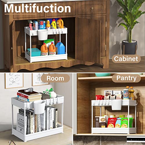 Hekaty 2PCS Under Sink Organizer and Storage Multi-purpose 2 Tier Bathroom Organizer Storage Cabinet Kitchen Organizer Storage With Cup & Hooks Cleaning Supplies Organizer with Hanging Cup Hooks White