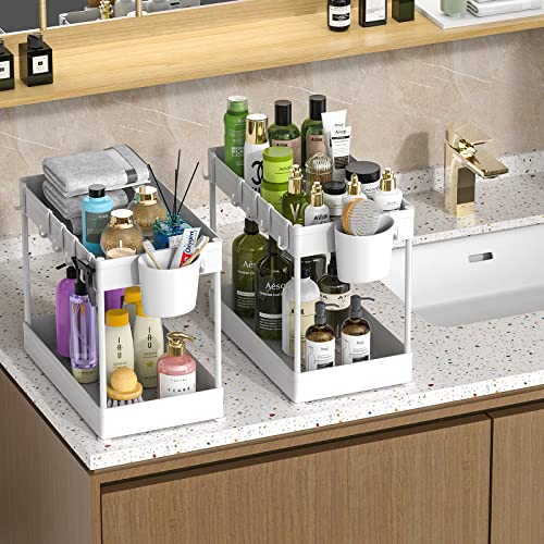 Hekaty 2PCS Under Sink Organizer and Storage Multi-purpose 2 Tier Bathroom Organizer Storage Cabinet Kitchen Organizer Storage With Cup & Hooks Cleaning Supplies Organizer with Hanging Cup Hooks White