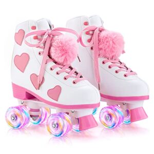 ruthfot women's and girl's classic roller skates with light up wheels and love heart pattern, high-top pu leather rollerskates