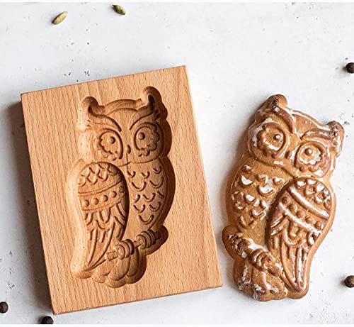 Wooden Cookie Molds, Carved Wooden Biscuit Mold Baking Cookie Mold Wooden Kitchen Cookie Cutter Embossing Press Stamp Molds Gingerbread Mold DIY Cookie Stamp (Owl 2)