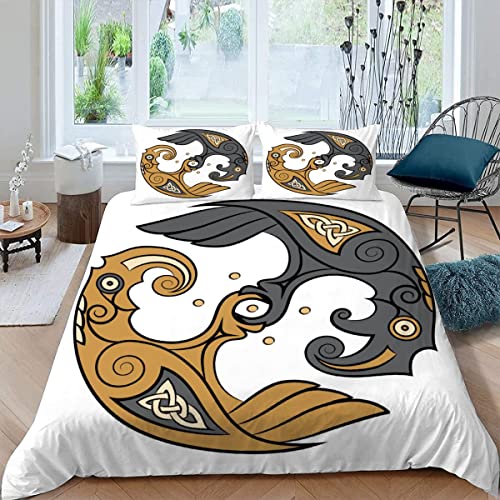 Quilt Cover Twin Size Odin's Raven 3D Bedding Sets Navian Style Duvet Cover Breathable Hypoallergenic Stain Wrinkle Resistant Microfiber with Zipper Closure,beding Set with 2 Pillowcase