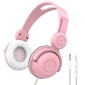 kids headphones with microphone, kids headphones with safe volume 85db limited-shareport, wired headphones for kids/teens/boys/girls, over ear kids headphones for school/travel/ipad/phone/tablet, pink