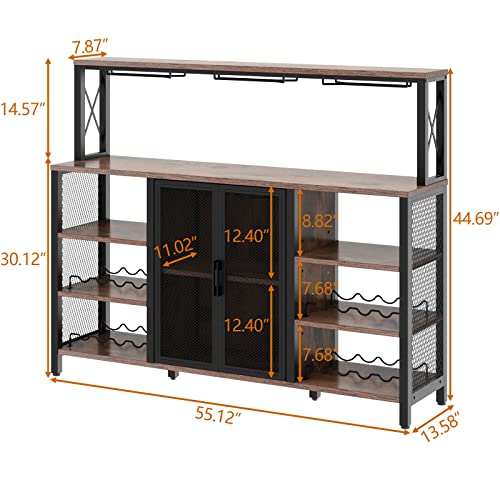 Gyfimoie Wine Bar Cabinet, 55 Inches Kitchen Sideboard Buffet Cabinet with Wine Rack Storage, Industry Coffee Bar Cabinet with Wine Rack and Glass Holder for Liquor and Glasses (Rustic)