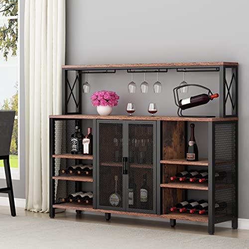 Gyfimoie Wine Bar Cabinet, 55 Inches Kitchen Sideboard Buffet Cabinet with Wine Rack Storage, Industry Coffee Bar Cabinet with Wine Rack and Glass Holder for Liquor and Glasses (Rustic)