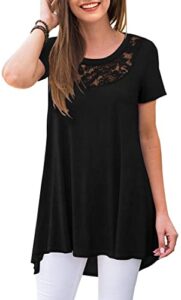 popyoung women's summer short sleeve t-shirt casual lace neck tunic tops for leggings loose blouse 2xl, black