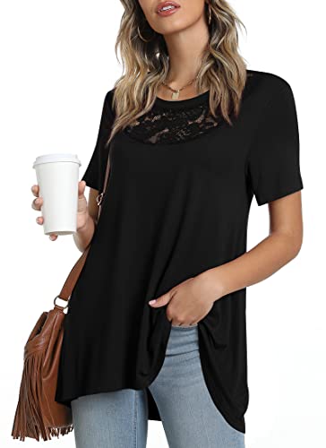 POPYOUNG Women's Summer Short Sleeve T-Shirt Casual Lace Neck Tunic Tops for Leggings Loose Blouse 2XL, Black