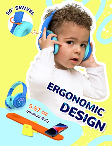 iClever Kids Bluetooth Headphones with LED Lights, BTH18 Safe Volume 74/85/94dBA, 43H Playtime, Stereo Sound, USB-C, AUX Cable, Bluetooth5.3 Over Ear Kids Headphones Wireless for Tablet/Travel, Blue