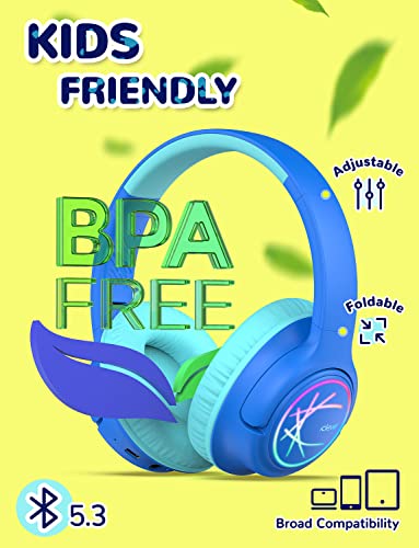 iClever Kids Bluetooth Headphones with LED Lights, BTH18 Safe Volume 74/85/94dBA, 43H Playtime, Stereo Sound, USB-C, AUX Cable, Bluetooth5.3 Over Ear Kids Headphones Wireless for Tablet/Travel, Blue
