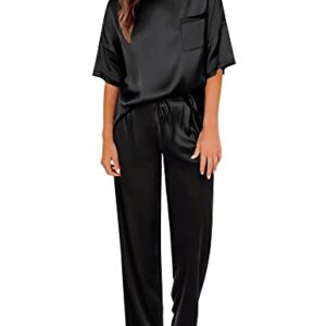 SWOMOG Silk Pajama Set for Women Two Piece Satin Short Sleeve and Long Pant Pajama Set Summer Sleepwear Silk Pj Sets Black S